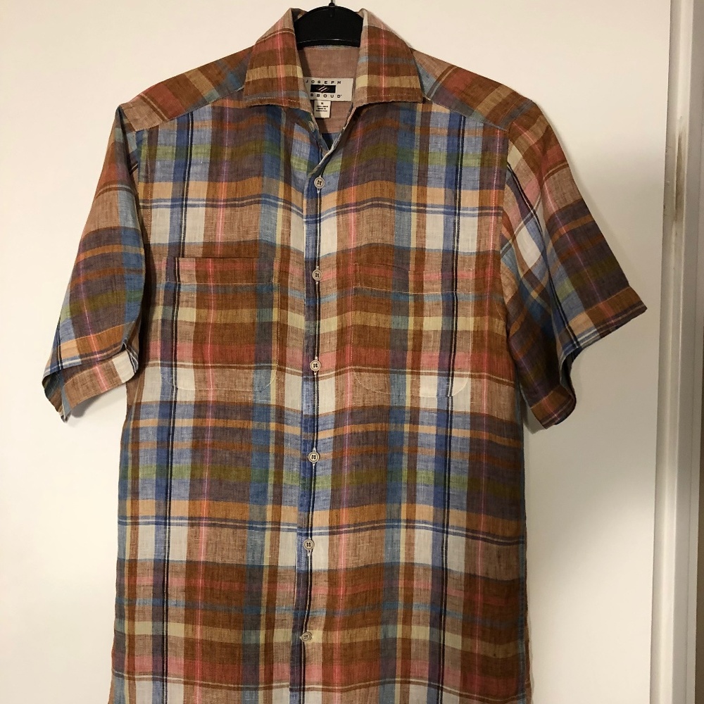Joseph Abboud Men's Short Sleeve Linen Plaid/Madras Shirt, Small